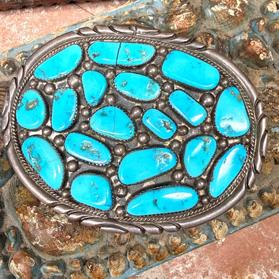 Vintage Navajo Sterling Silver Turquoise Cluster Belt Buckle