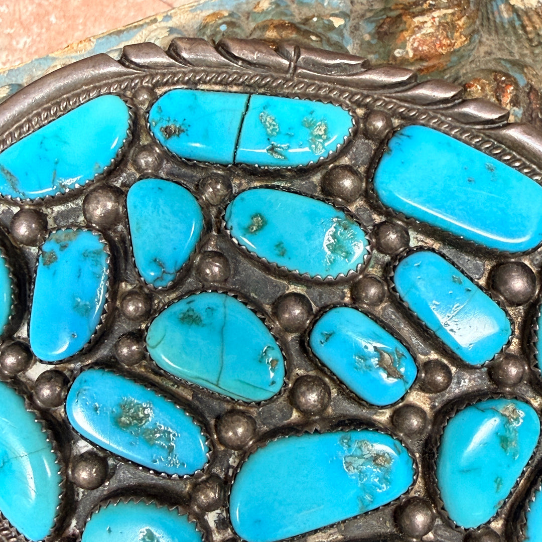 Vintage Navajo Sterling Silver Turquoise Cluster Belt Buckle