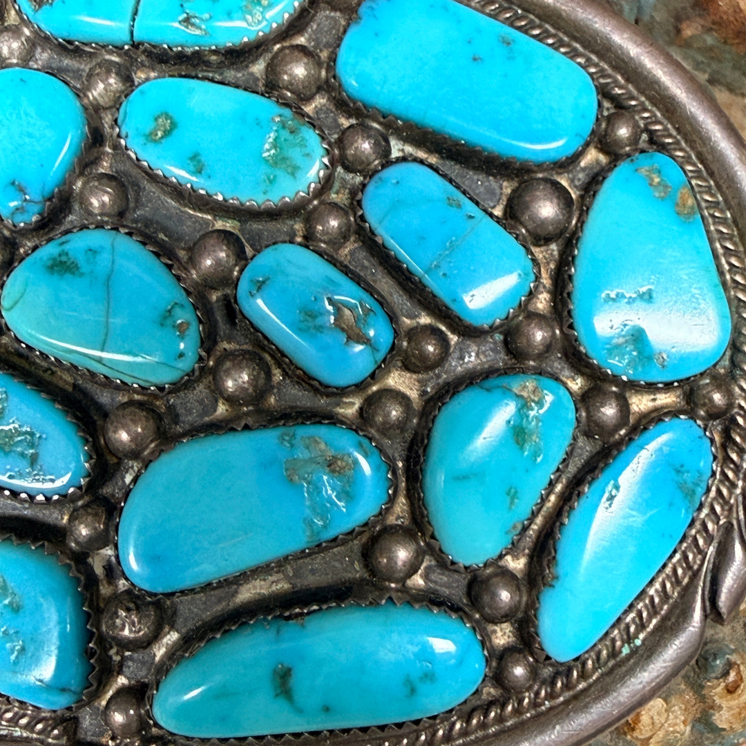Vintage Navajo Sterling Silver Turquoise Cluster Belt Buckle