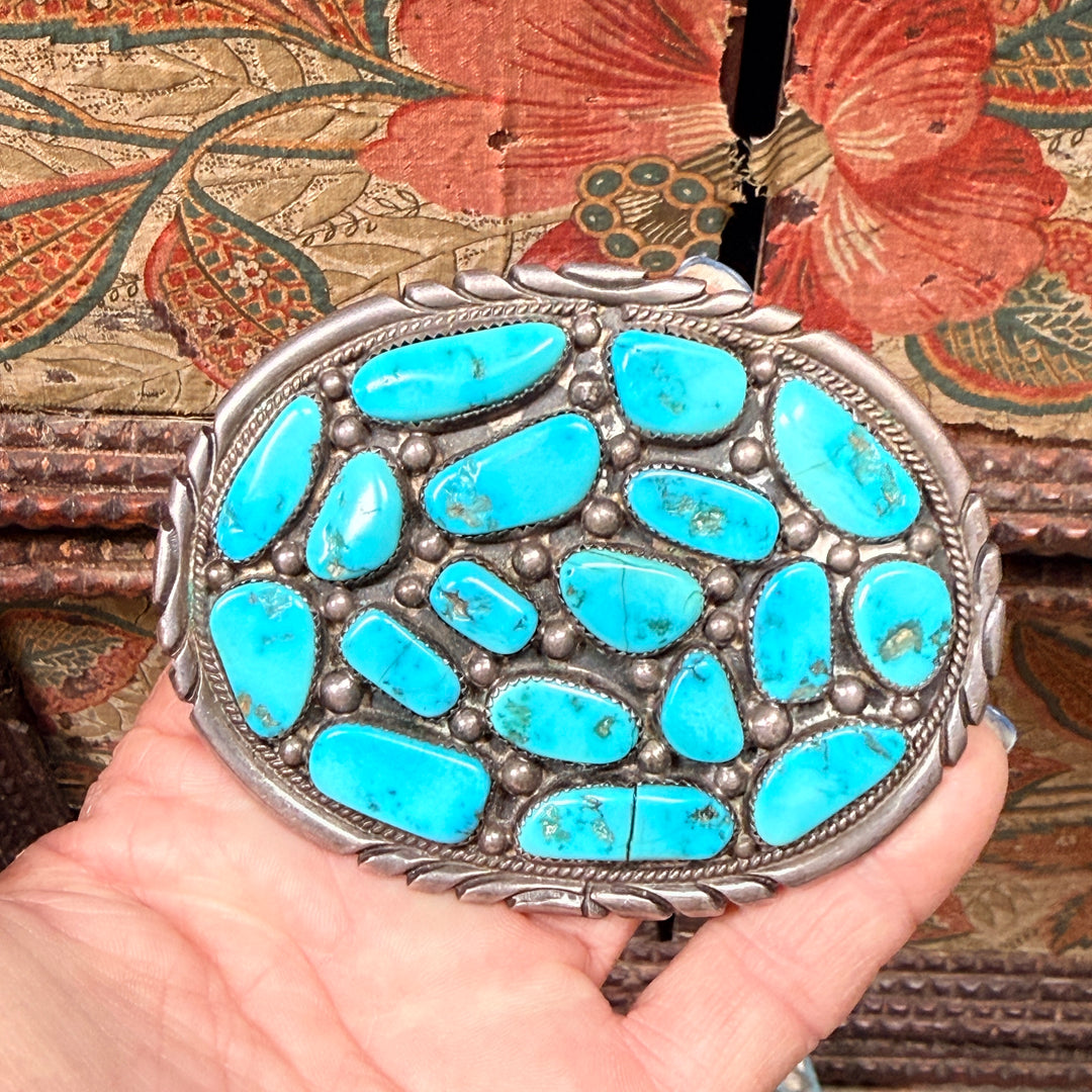 Vintage Navajo Sterling Silver Turquoise Cluster Belt Buckle