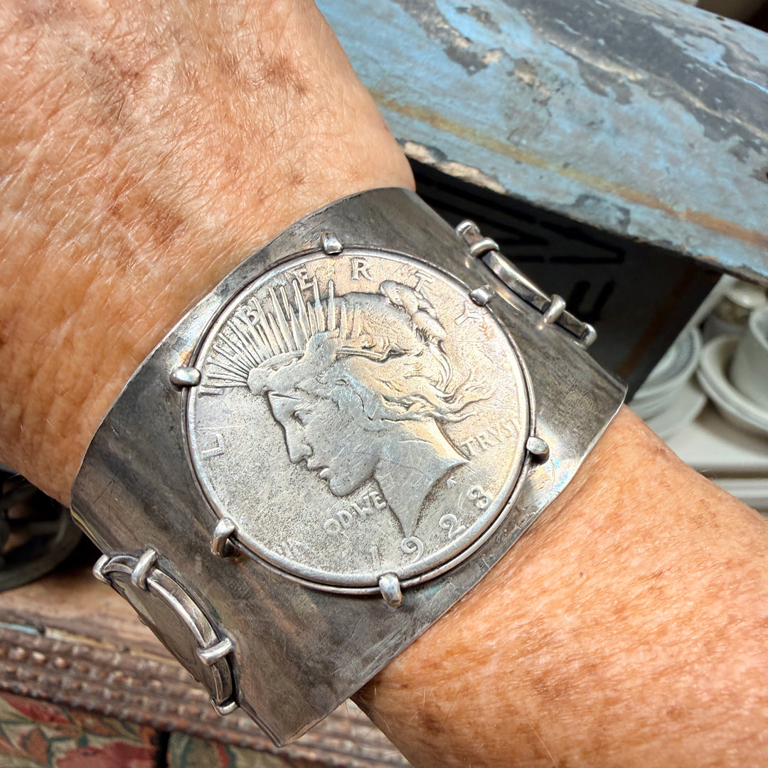 Vintage Sterling Silver & 1923 Liberty Dollar Buffalo Nickel Cuff Bracelet