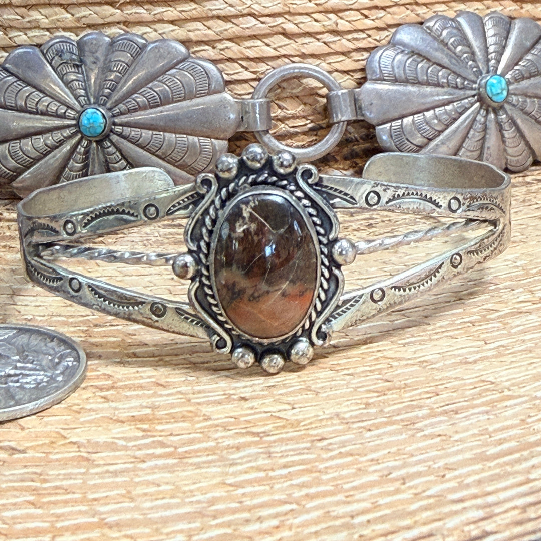 Vintage Sterling Silver & Petrified Wood Bracelet Bell Fred Harvey