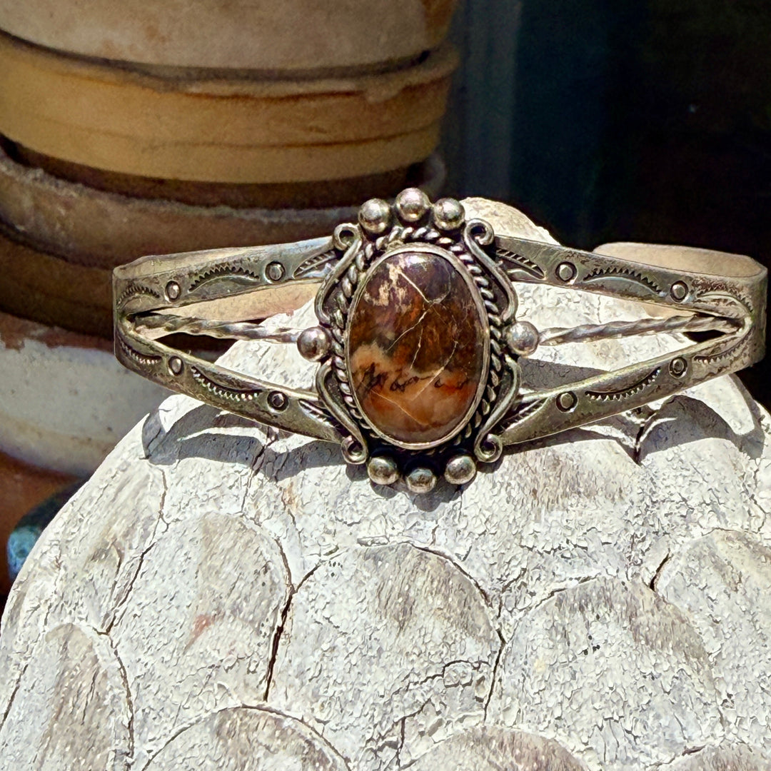 Vintage Sterling Silver & Petrified Wood Bracelet Bell Fred Harvey