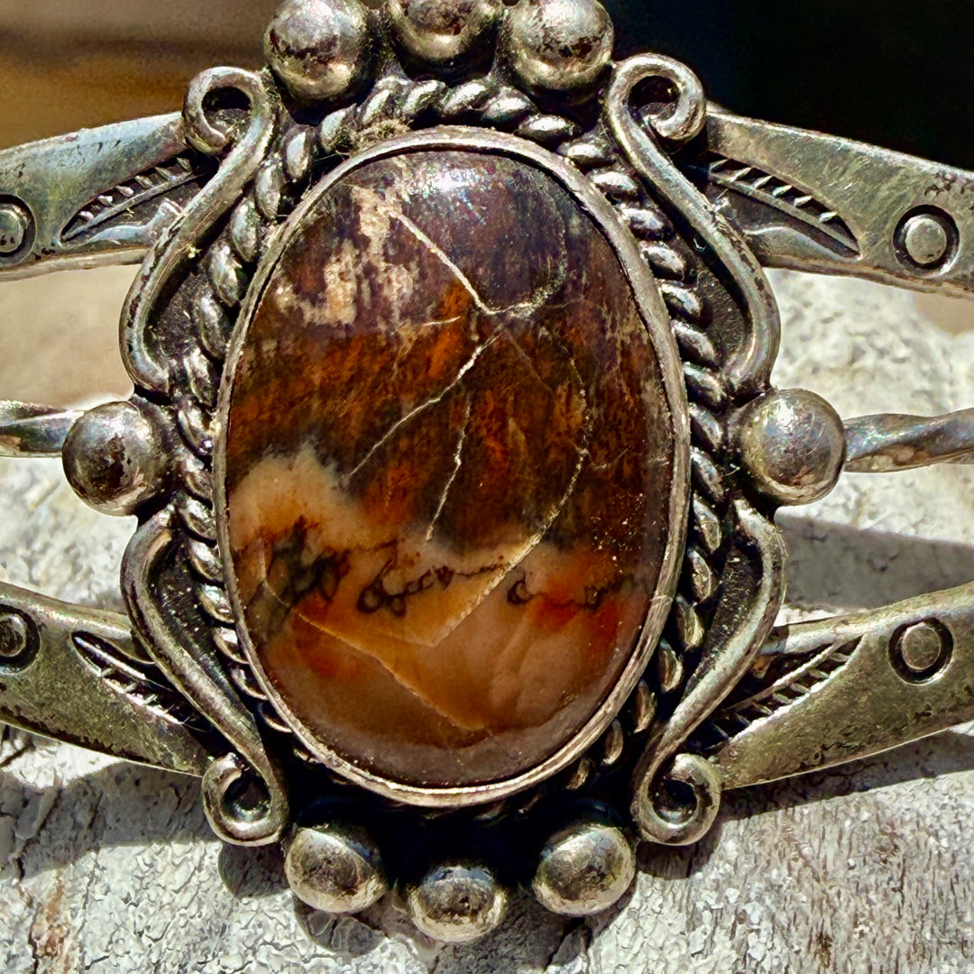 Vintage Sterling Silver & Petrified Wood Bracelet Bell Fred Harvey