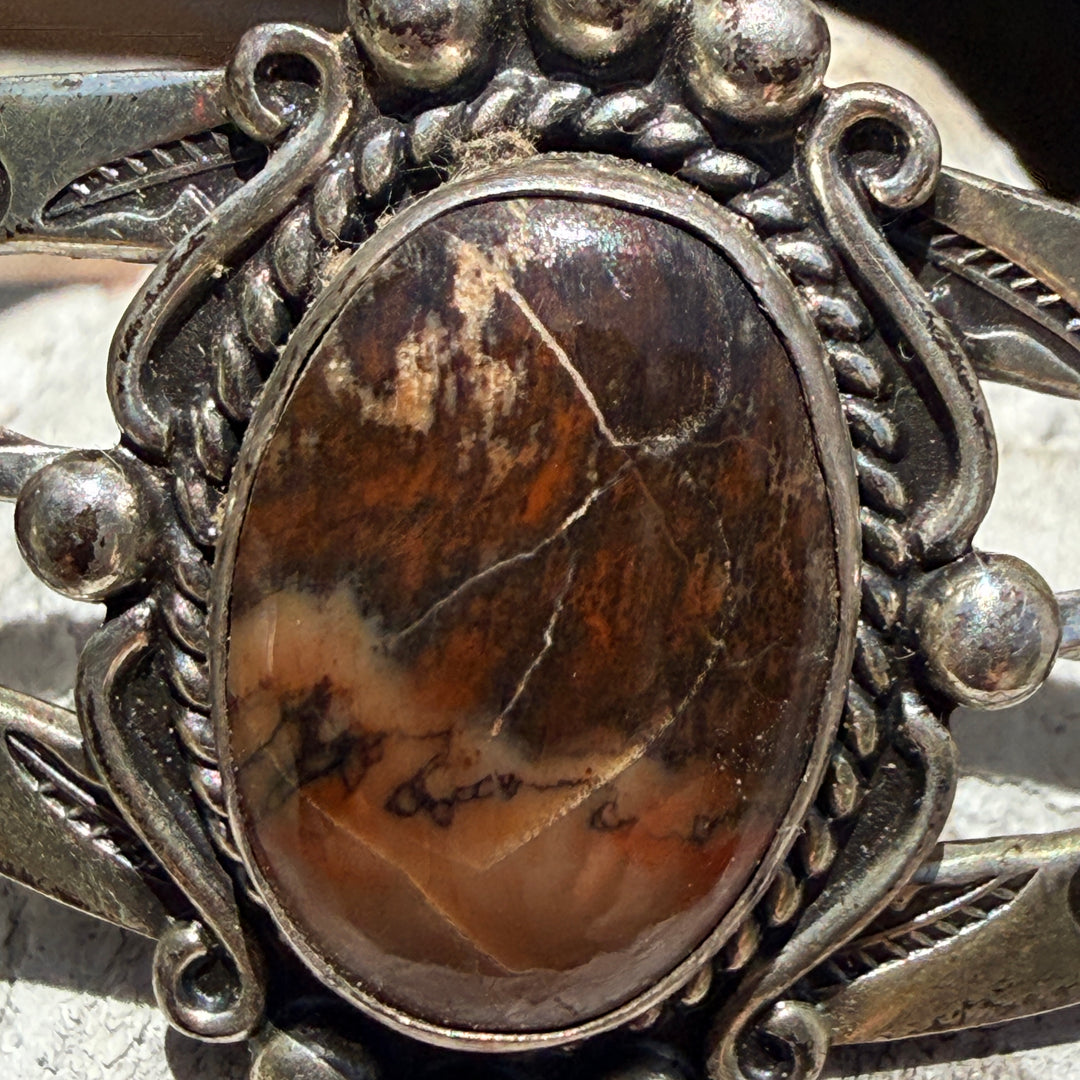 Vintage Sterling Silver & Petrified Wood Bracelet Bell Fred Harvey