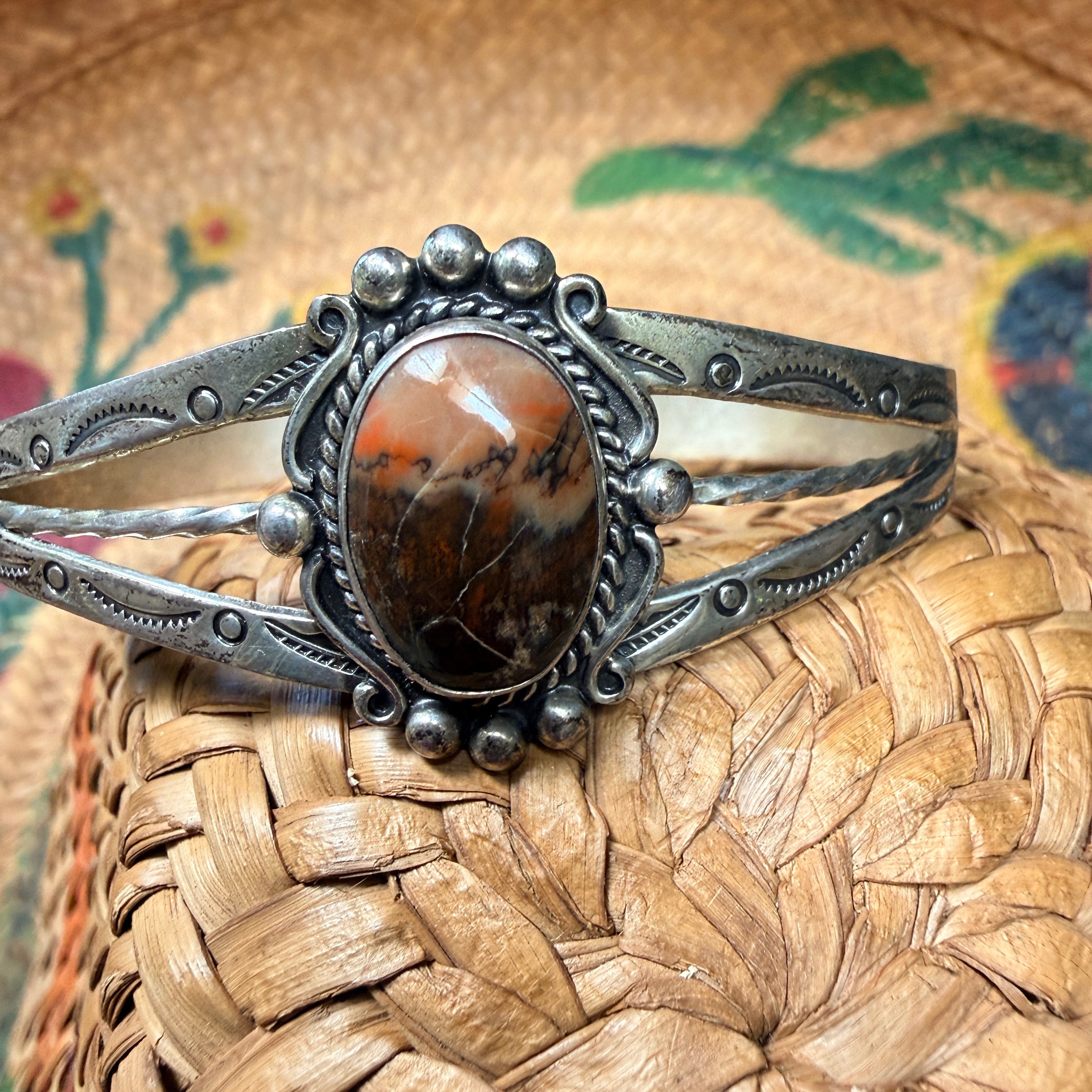 Vintage Sterling Silver & Petrified Wood Bracelet Bell Fred Harvey