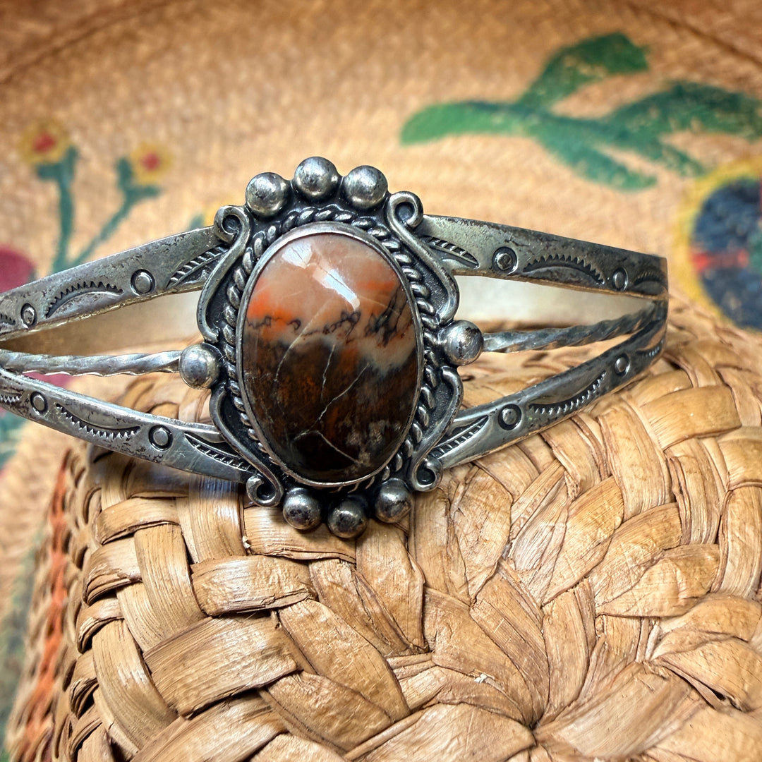 Vintage Sterling Silver & Petrified Wood Bracelet Bell Fred Harvey