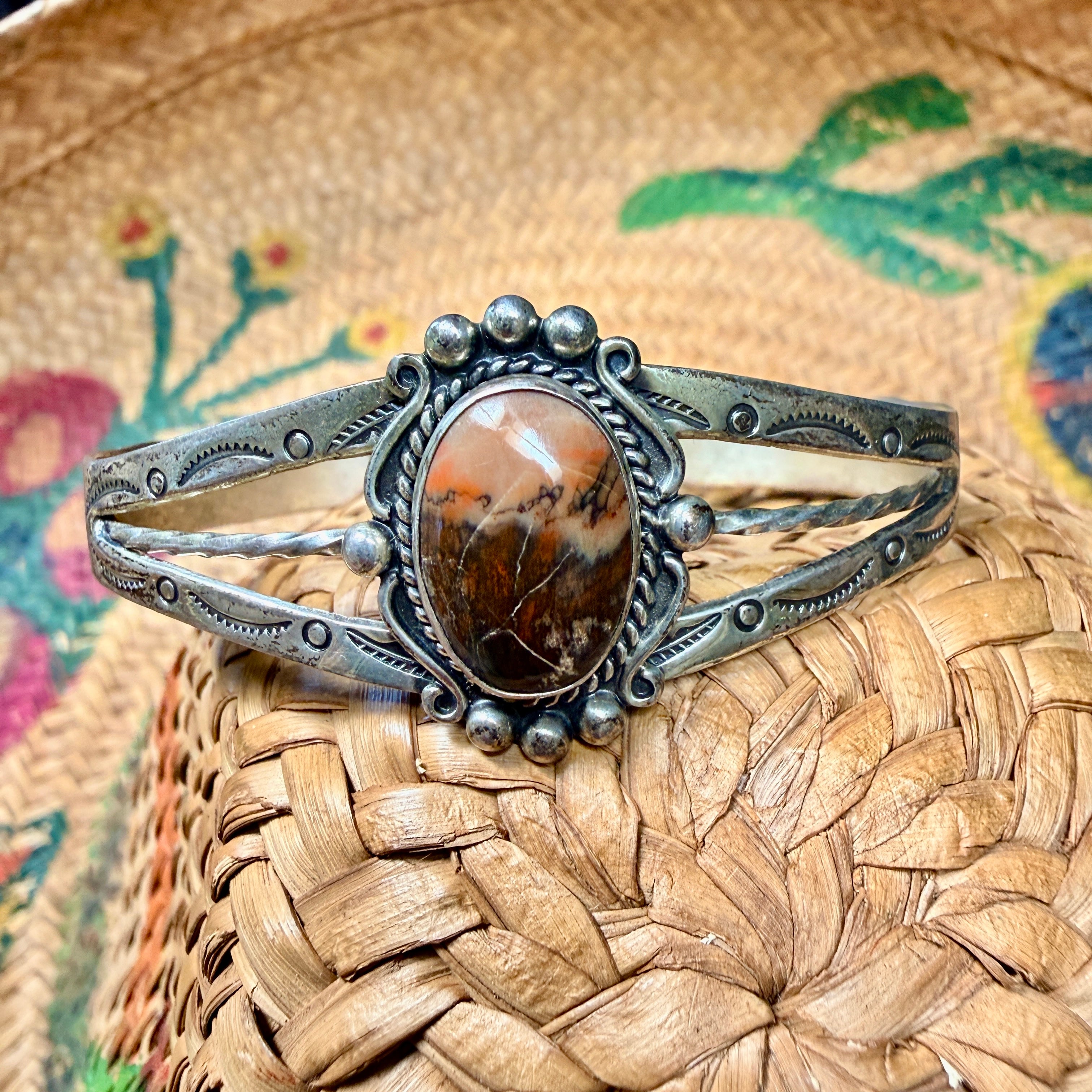 Vintage Sterling Silver & Petrified Wood Bracelet Bell Fred Harvey