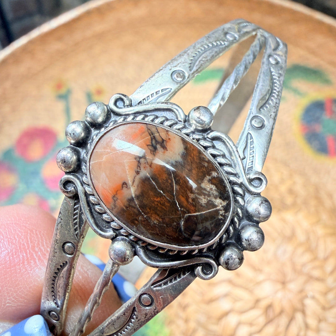 Vintage Sterling Silver & Petrified Wood Bracelet Bell Fred Harvey