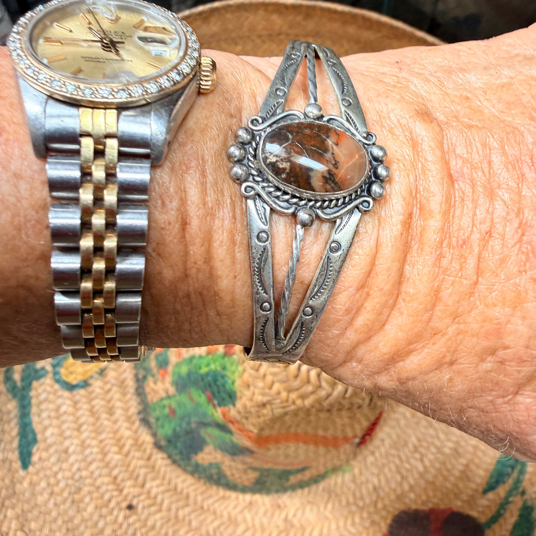 Vintage Sterling Silver & Petrified Wood Bracelet Bell Fred Harvey