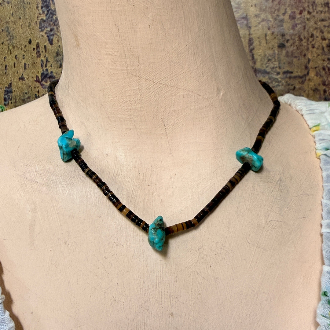 Old Navajo Brown Heishi & Turquoise Nugget Bead Necklace