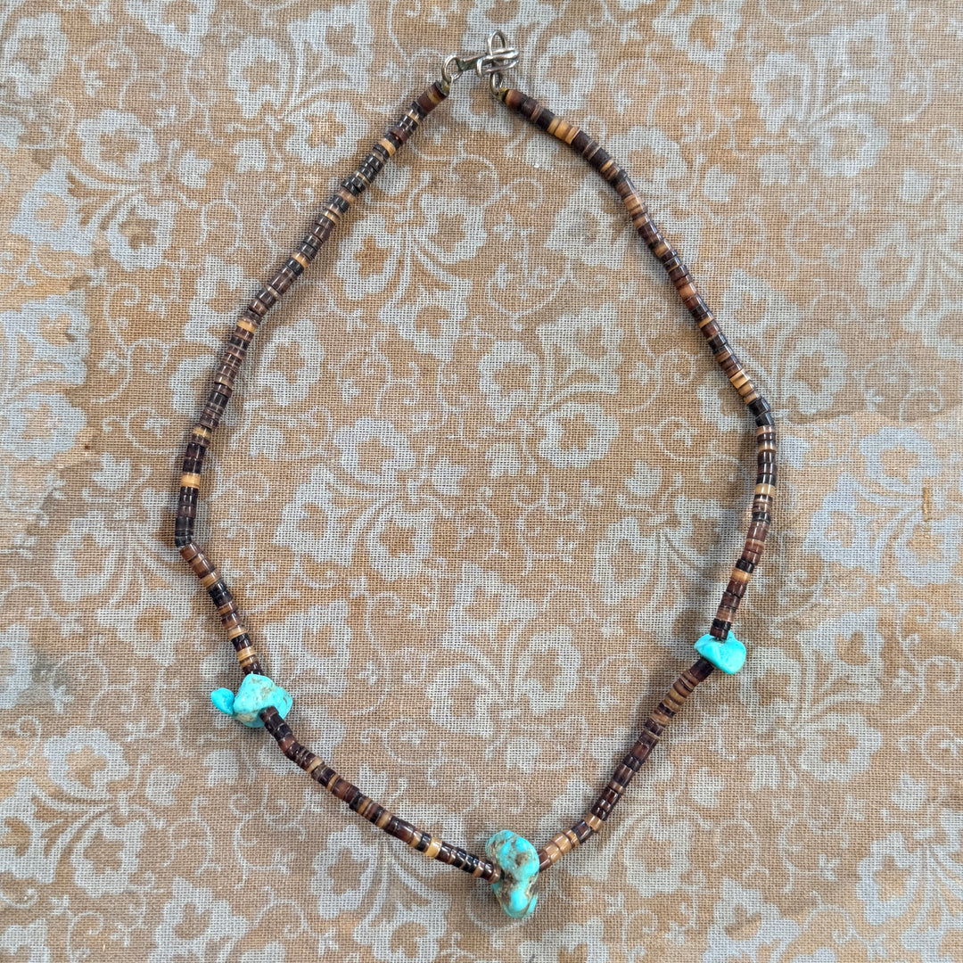 Old Navajo Brown Heishi & Turquoise Nugget Bead Necklace
