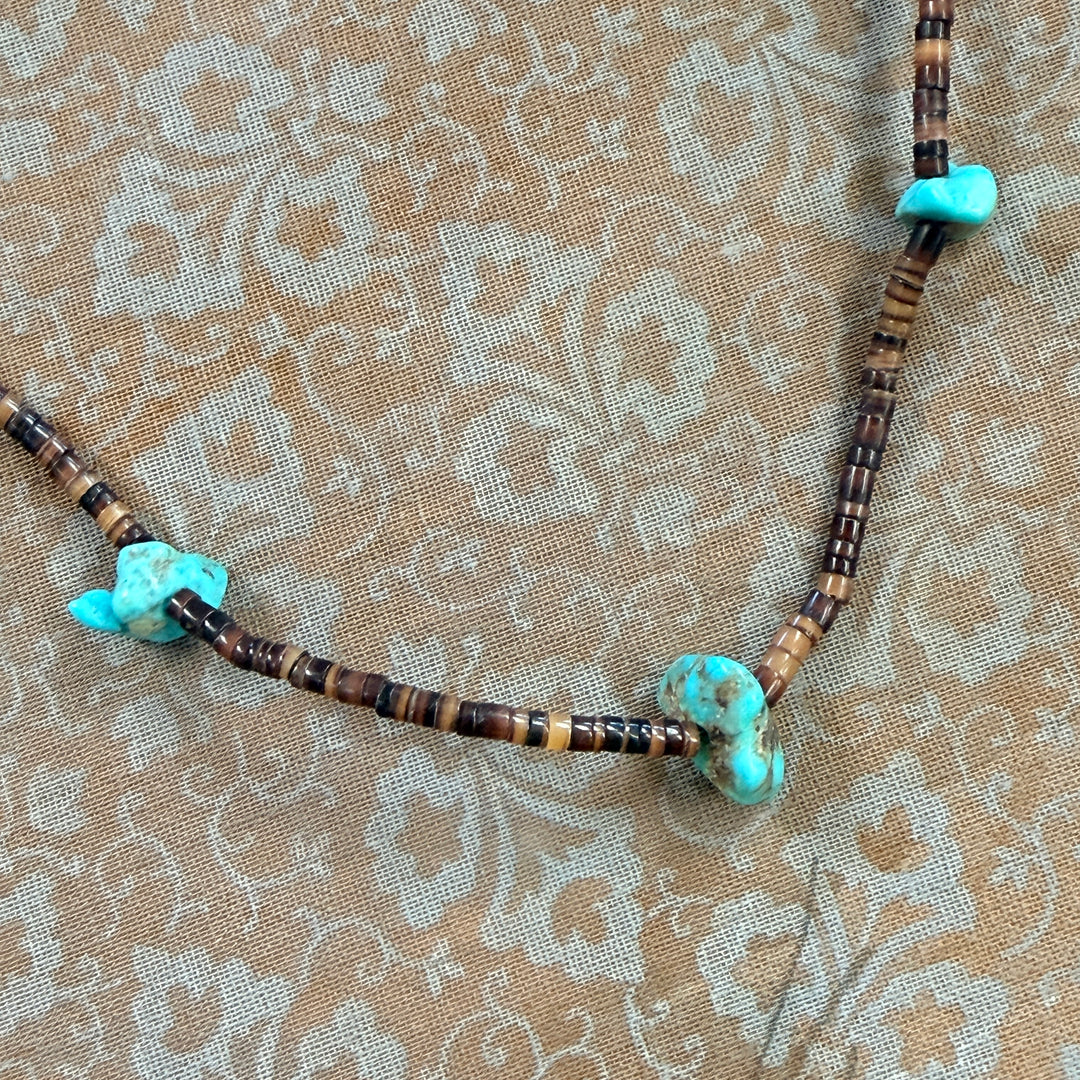 Old Navajo Brown Heishi & Turquoise Nugget Bead Necklace