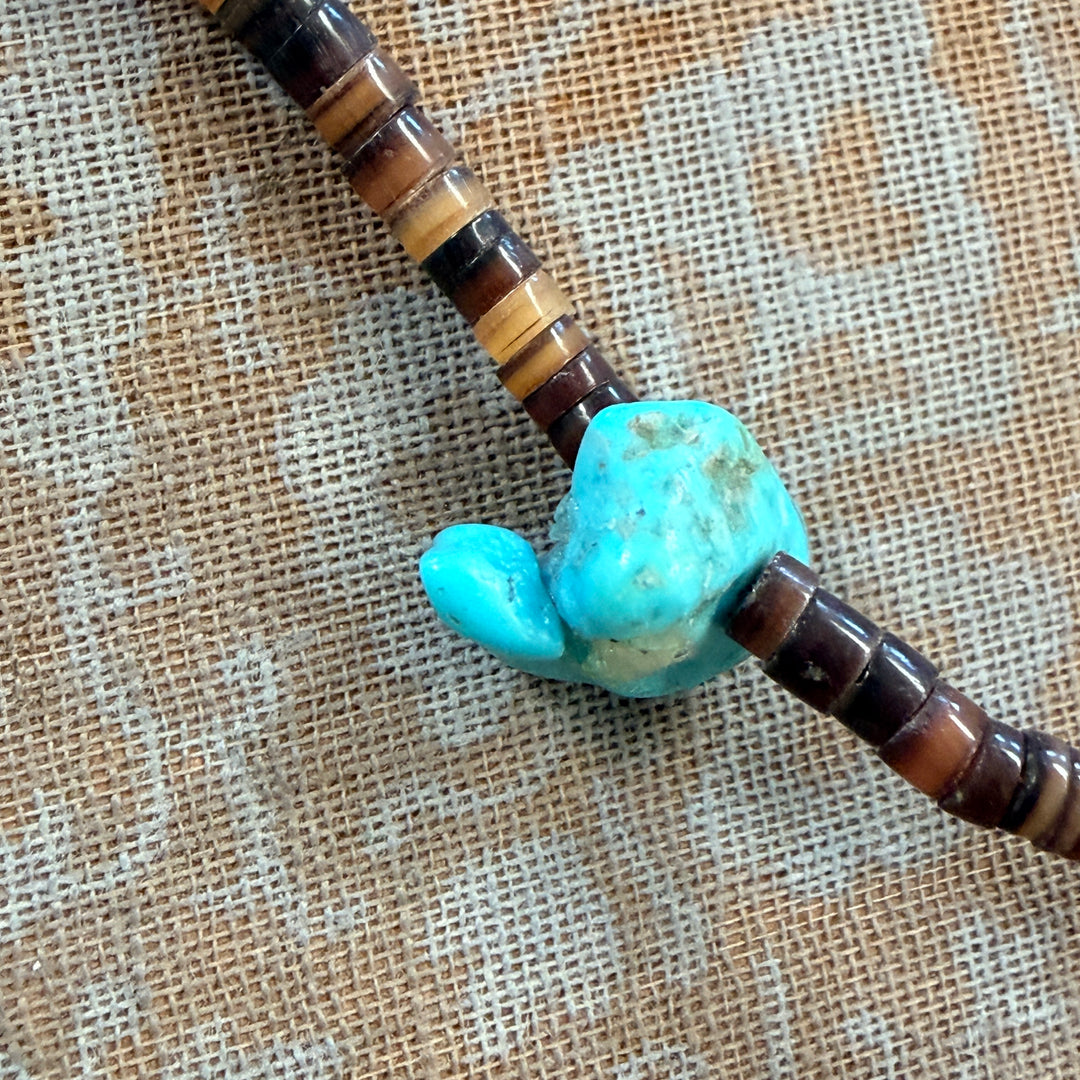 Old Navajo Brown Heishi & Turquoise Nugget Bead Necklace