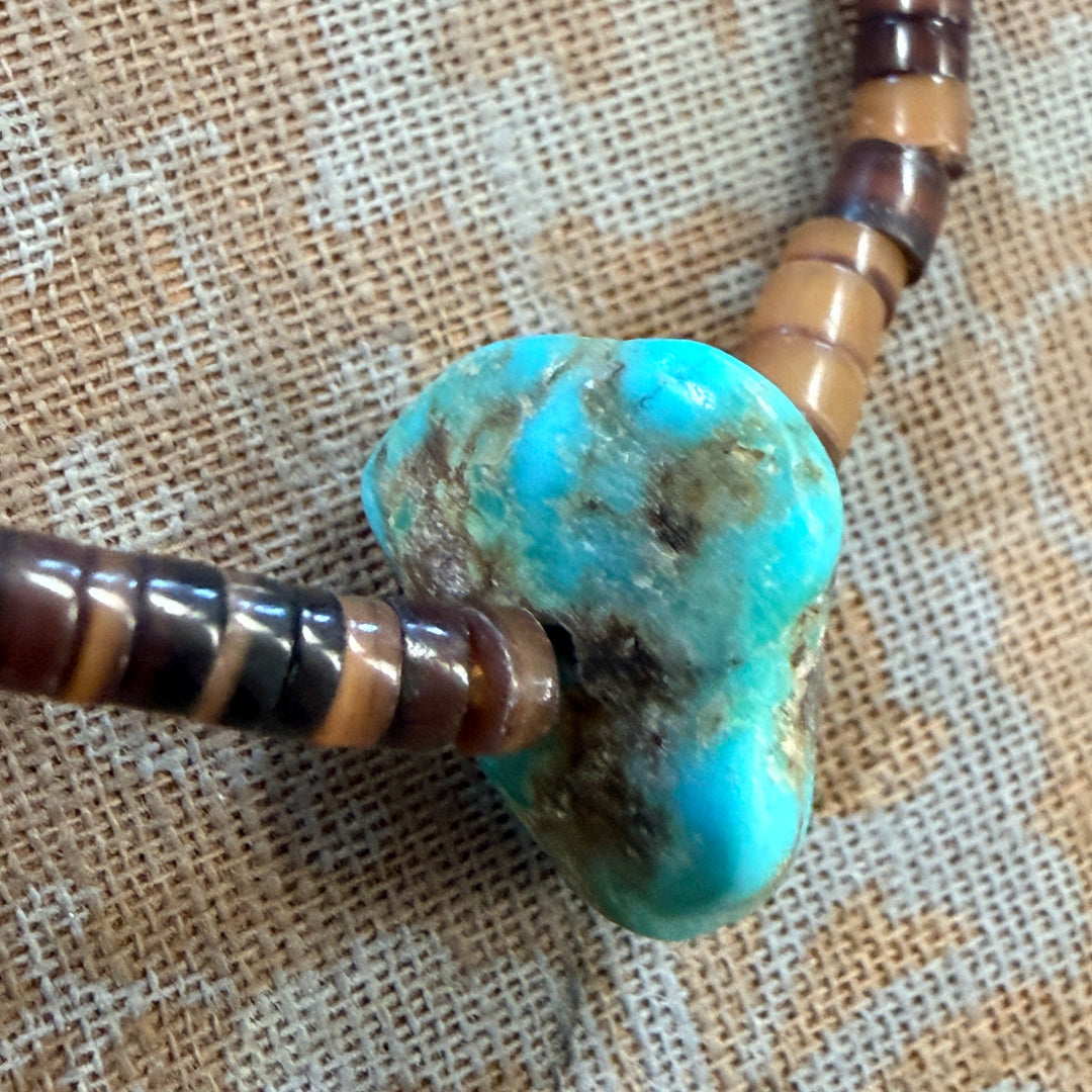 Old Navajo Brown Heishi & Turquoise Nugget Bead Necklace