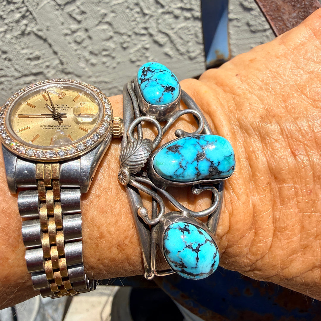 Vintage Sterling Silver & Turquoise Navajo Bracelet Tom Willeto