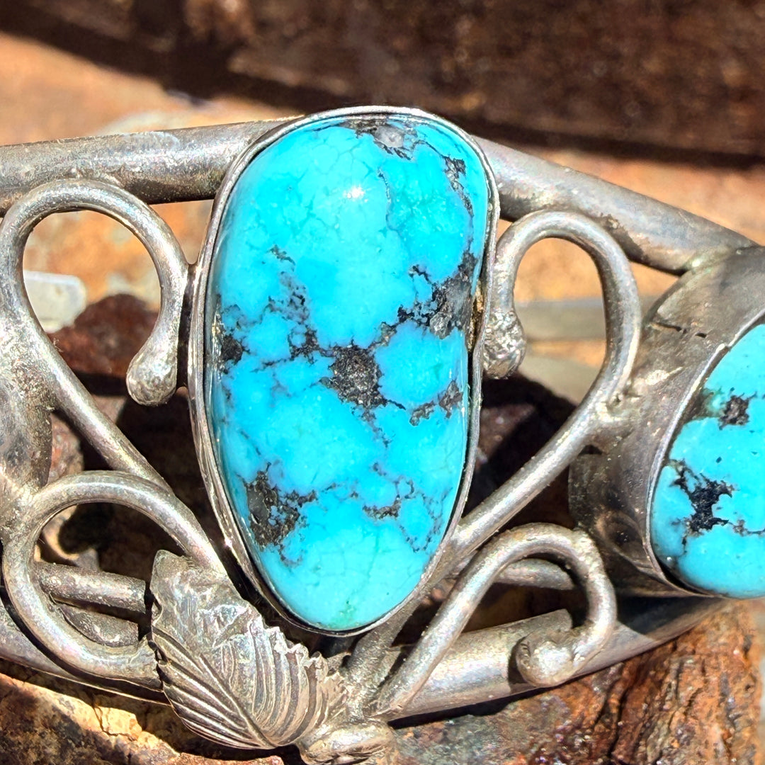 Vintage Sterling Silver & Turquoise Navajo Bracelet Tom Willeto
