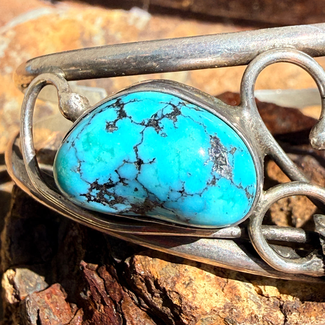 Vintage Sterling Silver & Turquoise Navajo Bracelet Tom Willeto