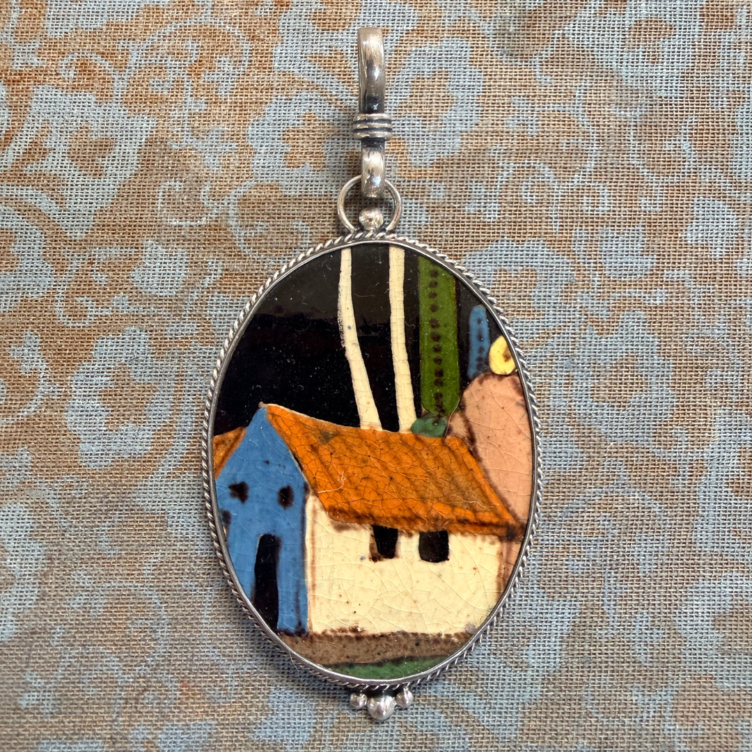 Vintage Hand Painted Mexican Pottery Sterling Silver Pendant