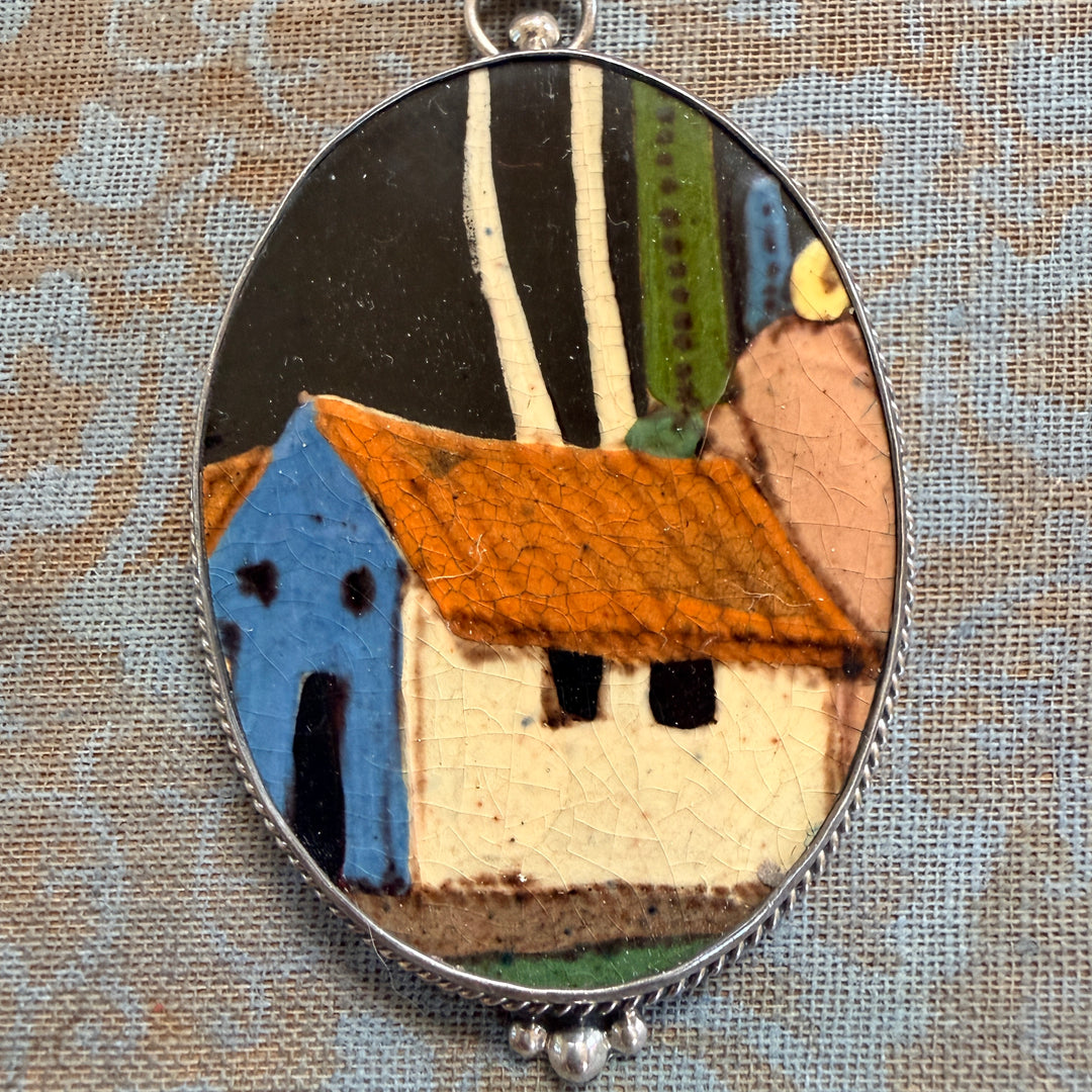 Vintage Hand Painted Mexican Pottery Sterling Silver Pendant
