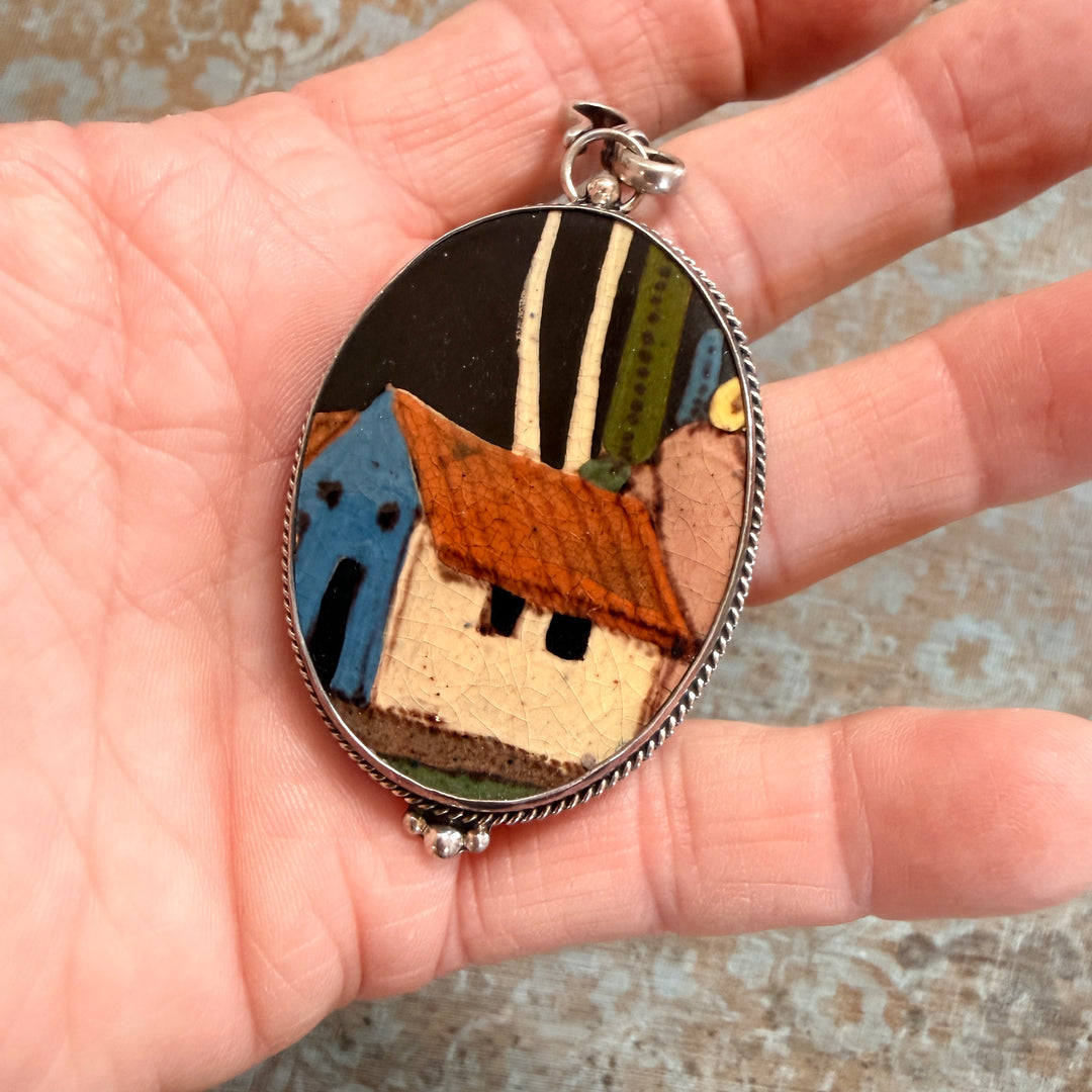 Vintage Hand Painted Mexican Pottery Sterling Silver Pendant