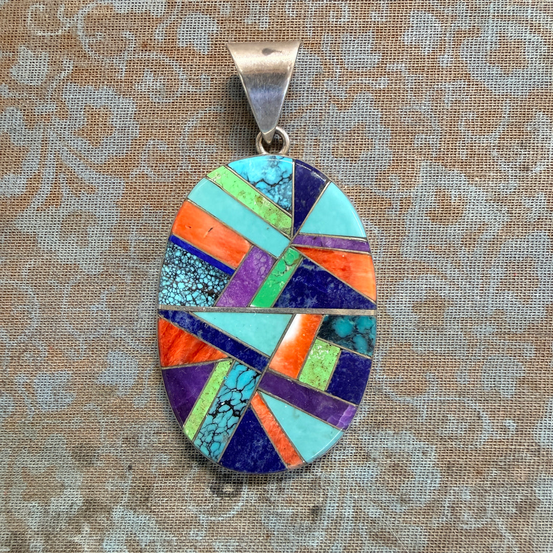 Vintage Signed Native American Sterling Silver Channel Inlay Pendant