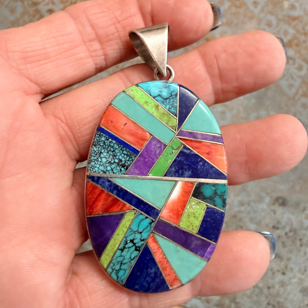 Vintage Signed Native American Sterling Silver Channel Inlay Pendant