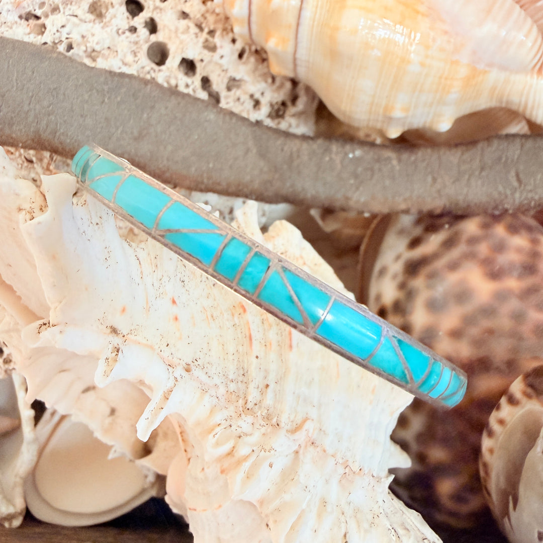 Vintage Zuni Sterling Silver & Turquoise Inlay Bangle Bracelet