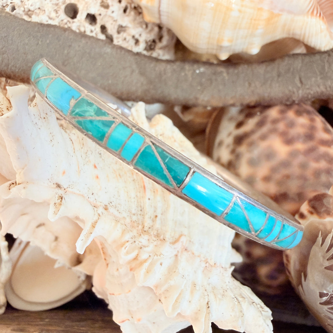Vintage Zuni Sterling Silver & Turquoise Inlay Bangle Bracelet