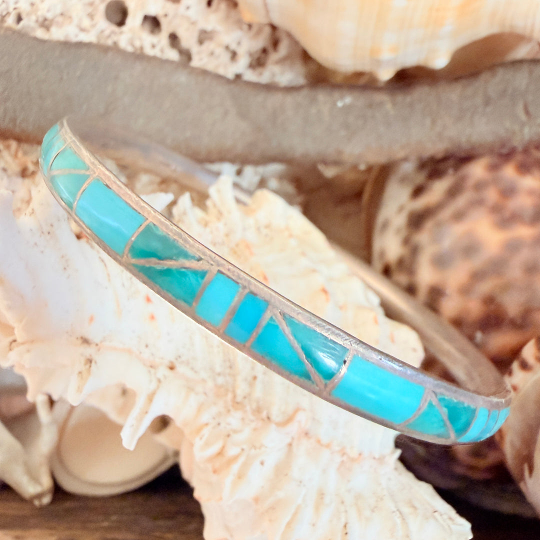 Vintage Zuni Sterling Silver & Turquoise Inlay Bangle Bracelet