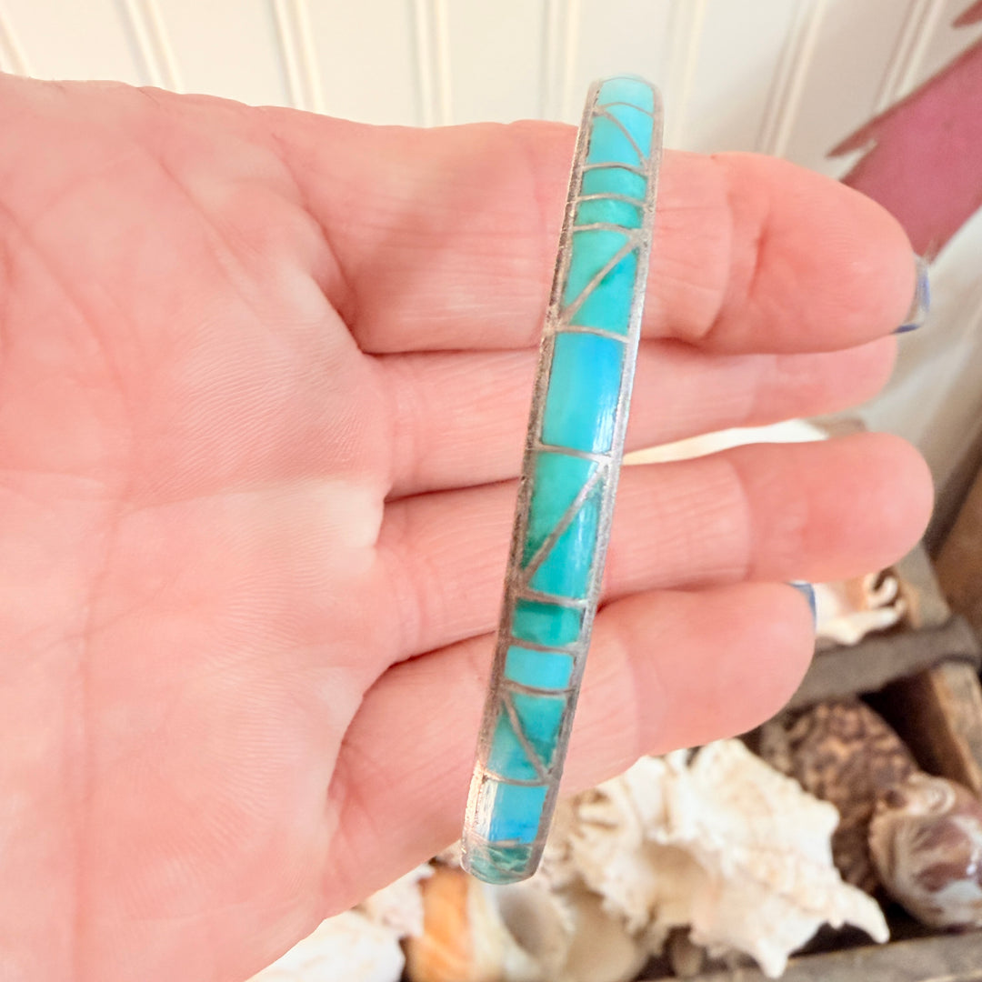 Vintage Zuni Sterling Silver & Turquoise Inlay Bangle Bracelet