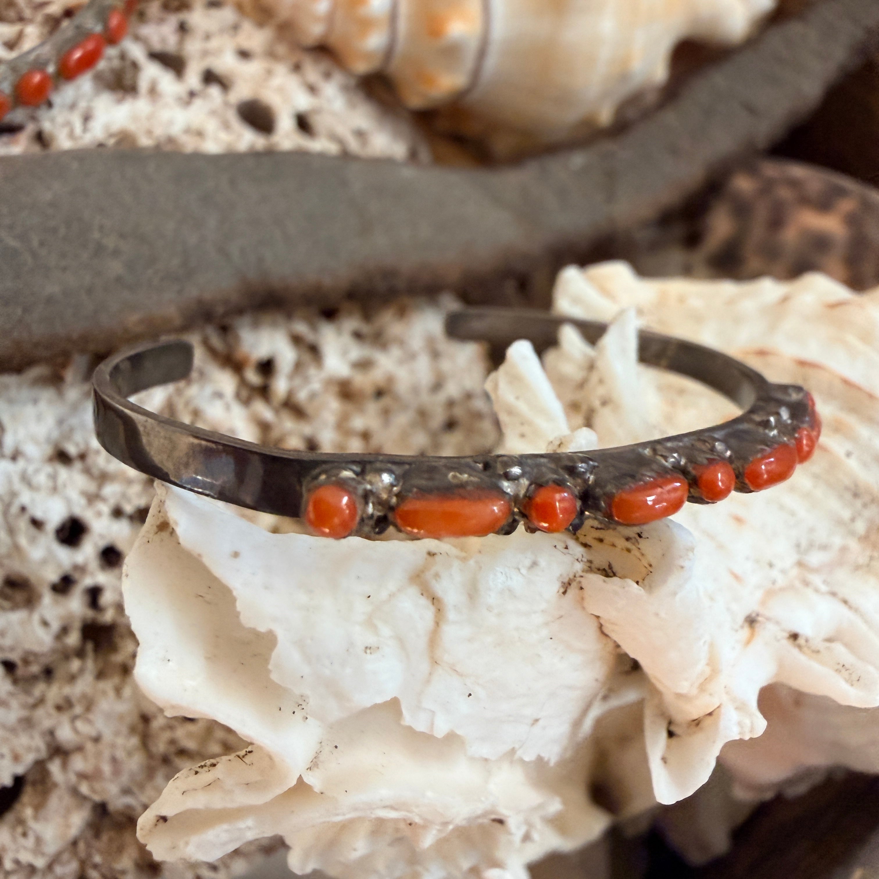 Vintage Zuni Sterling Silver & Red Coral Child's Bracelet