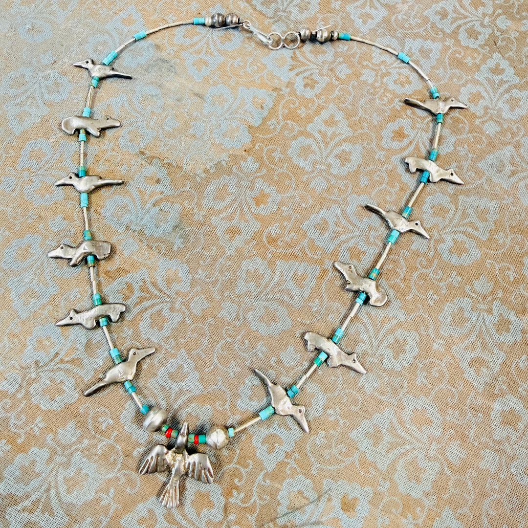 Vintage Hand Wrought Sterling Silver & Turquoise Fetish Necklace