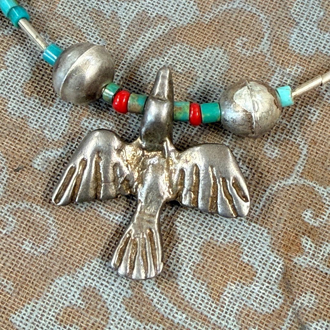 Vintage Hand Wrought Sterling Silver & Turquoise Fetish Necklace