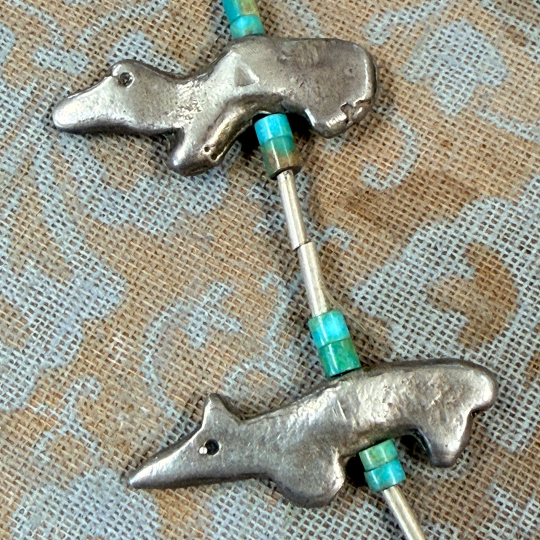 Vintage Hand Wrought Sterling Silver & Turquoise Fetish Necklace