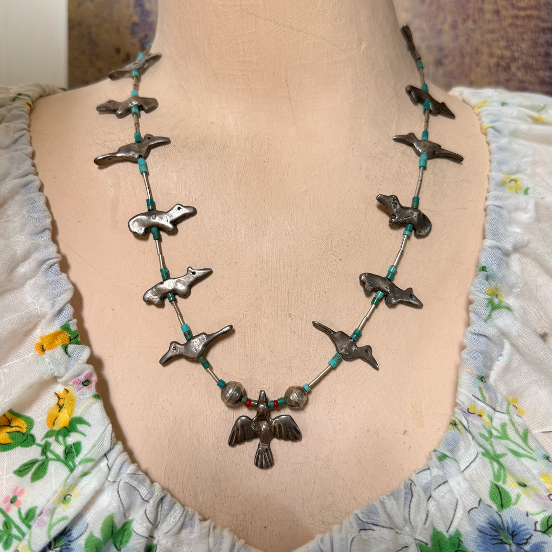 Vintage Hand Wrought Sterling Silver & Turquoise Fetish Necklace