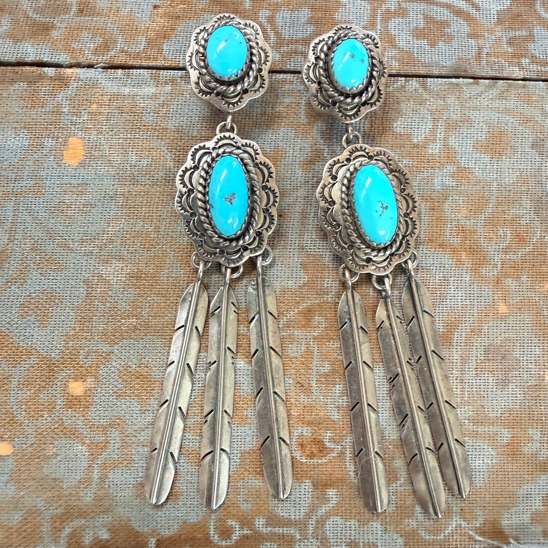 Vintage Navajo Turquoise Sterling Silver Earrings Shoulder Duster Pierced Post