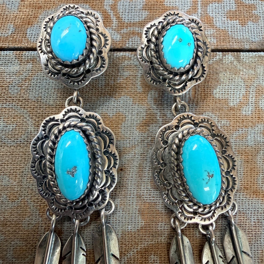 Vintage Navajo Turquoise Sterling Silver Earrings Shoulder Duster Pierced Post