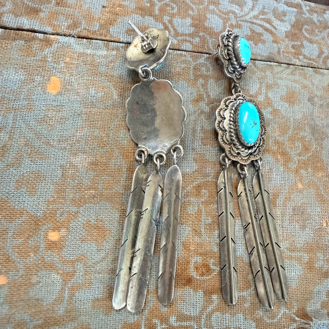 Vintage Navajo Turquoise Sterling Silver Earrings Shoulder Duster Pierced Post