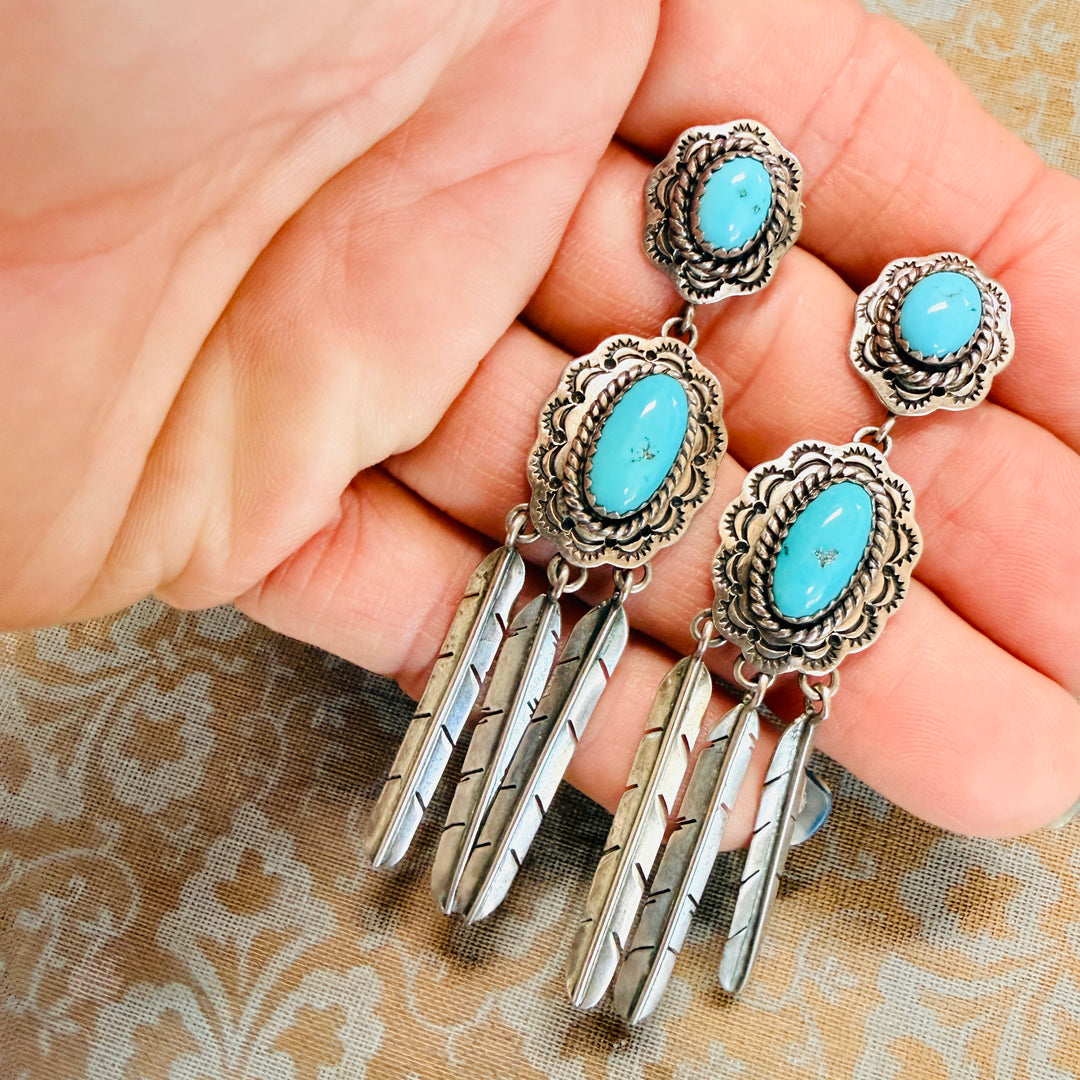 Vintage Navajo Turquoise Sterling Silver Earrings Shoulder Duster Pierced Post