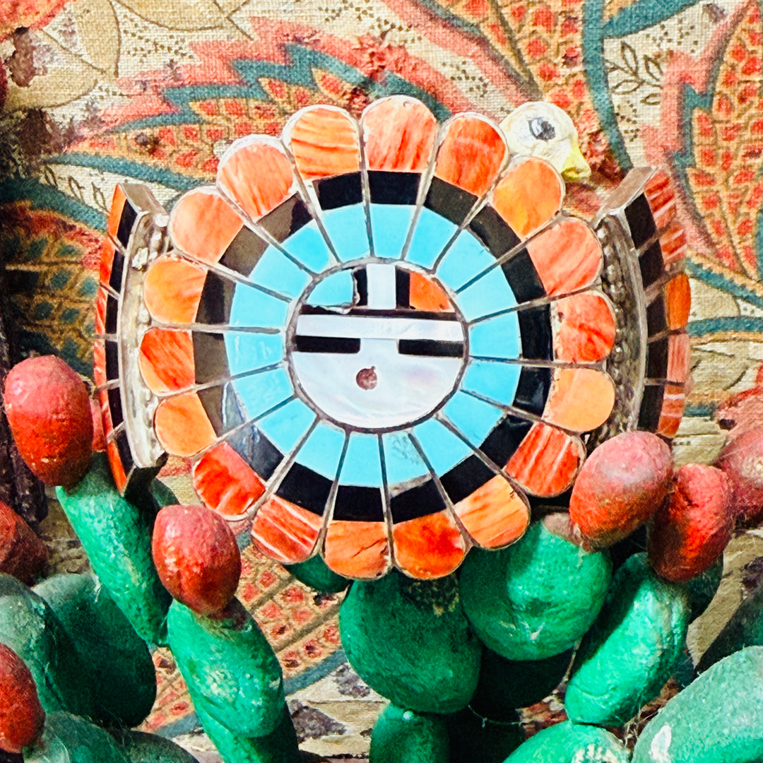 Vintage Signed JL Nassie Native American Zuni Sun God Bracelet