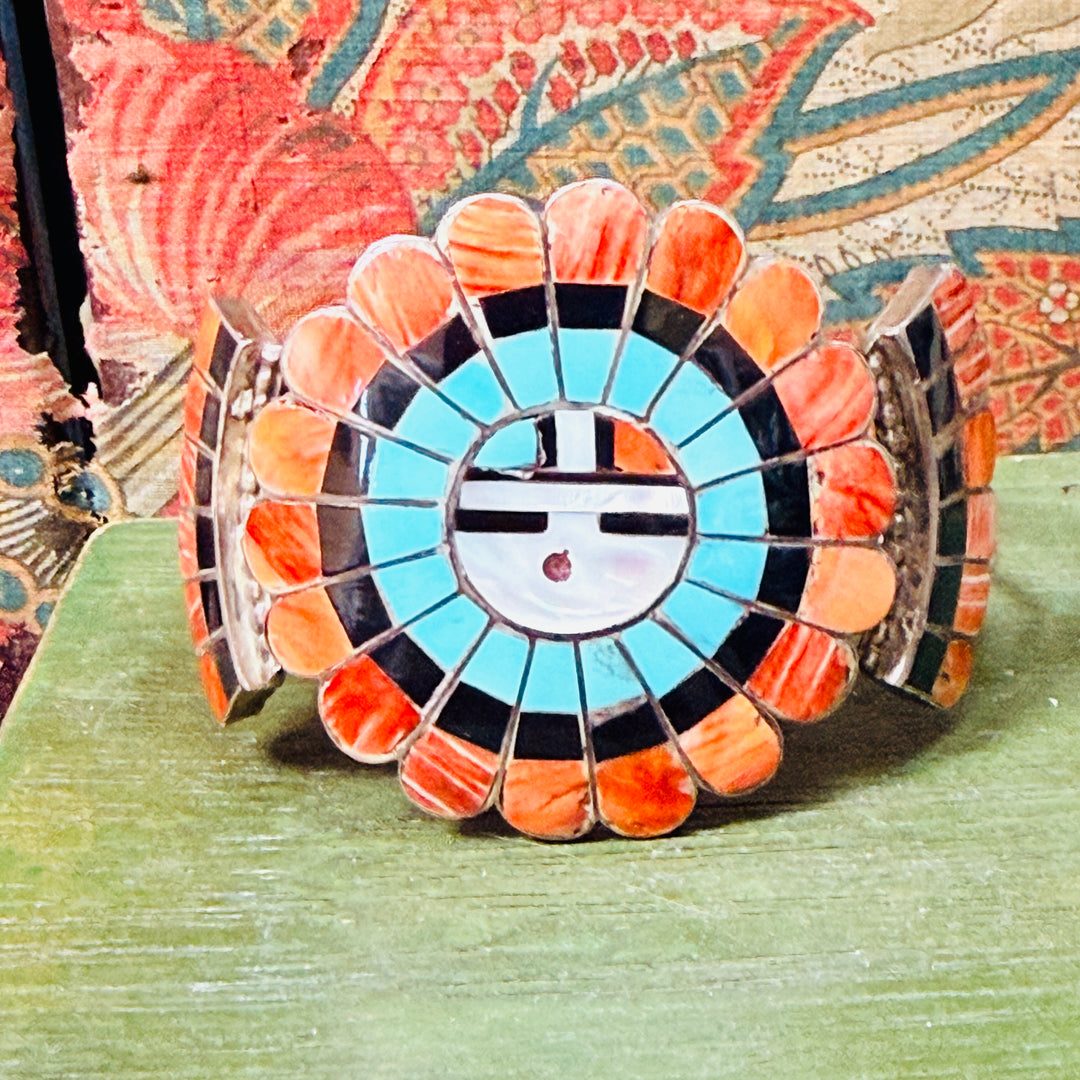 Vintage Signed JL Nassie Native American Zuni Sun God Bracelet