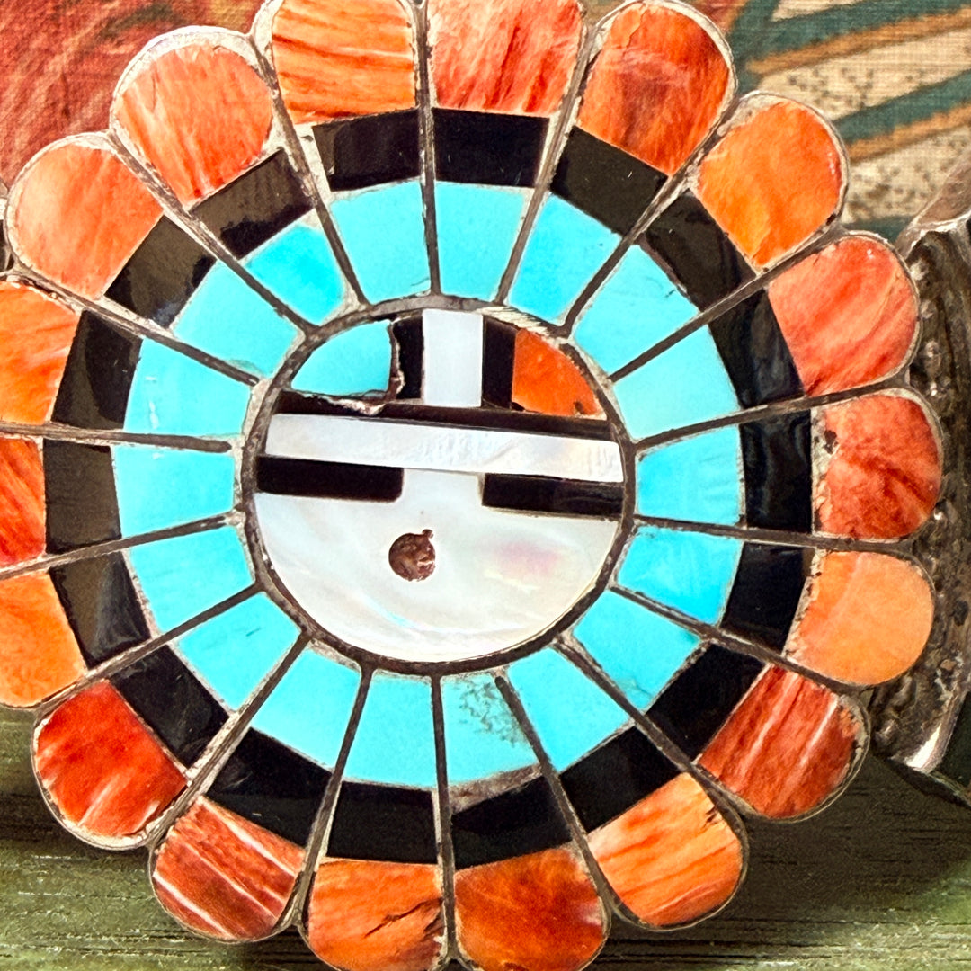 Vintage Signed JL Nassie Native American Zuni Sun God Bracelet