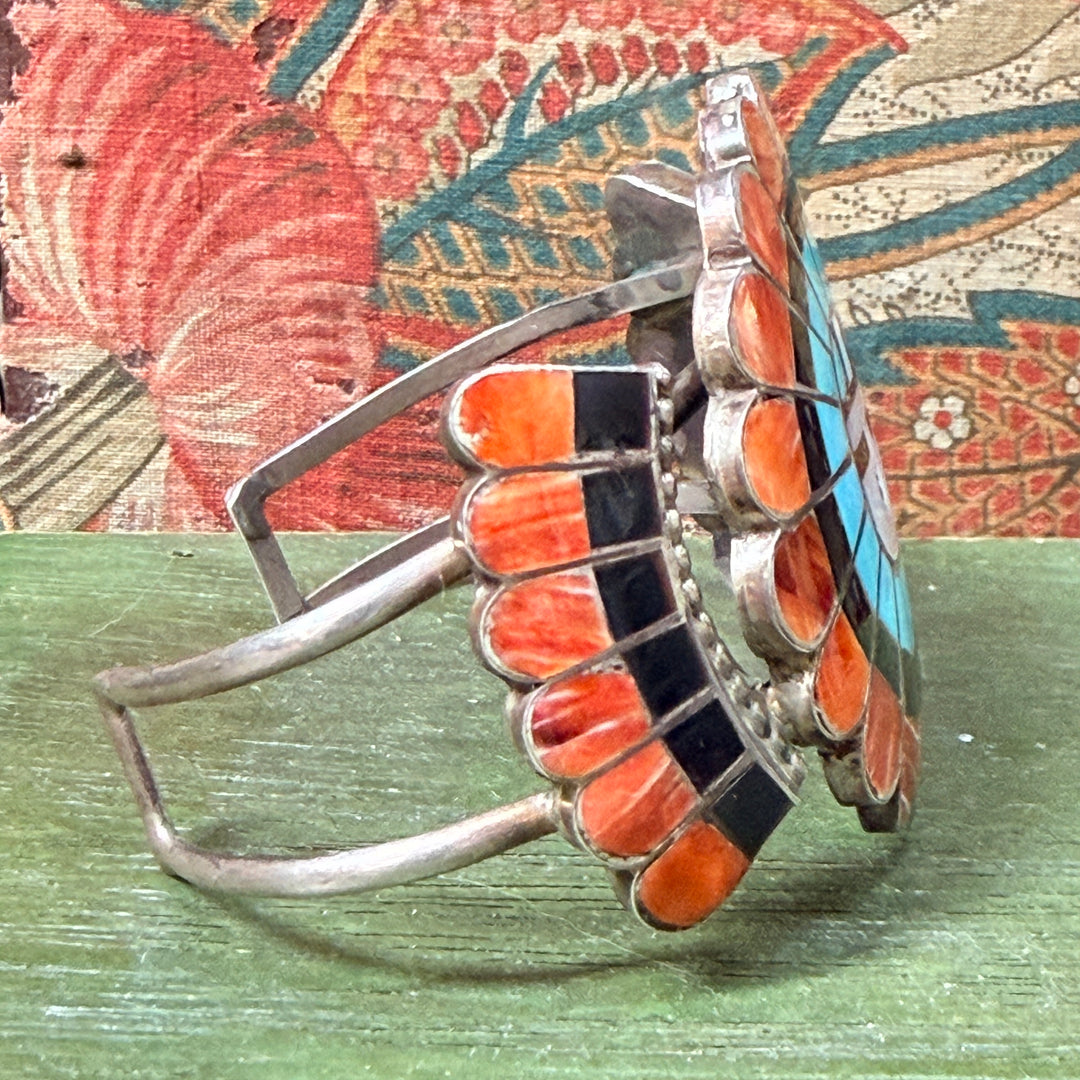Vintage Signed JL Nassie Native American Zuni Sun God Bracelet