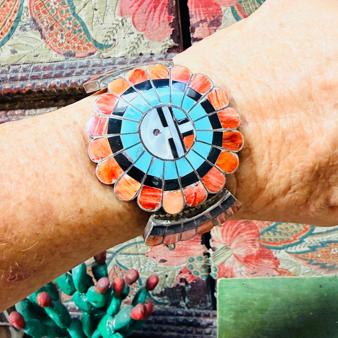 Vintage Signed JL Nassie Native American Zuni Sun God Bracelet