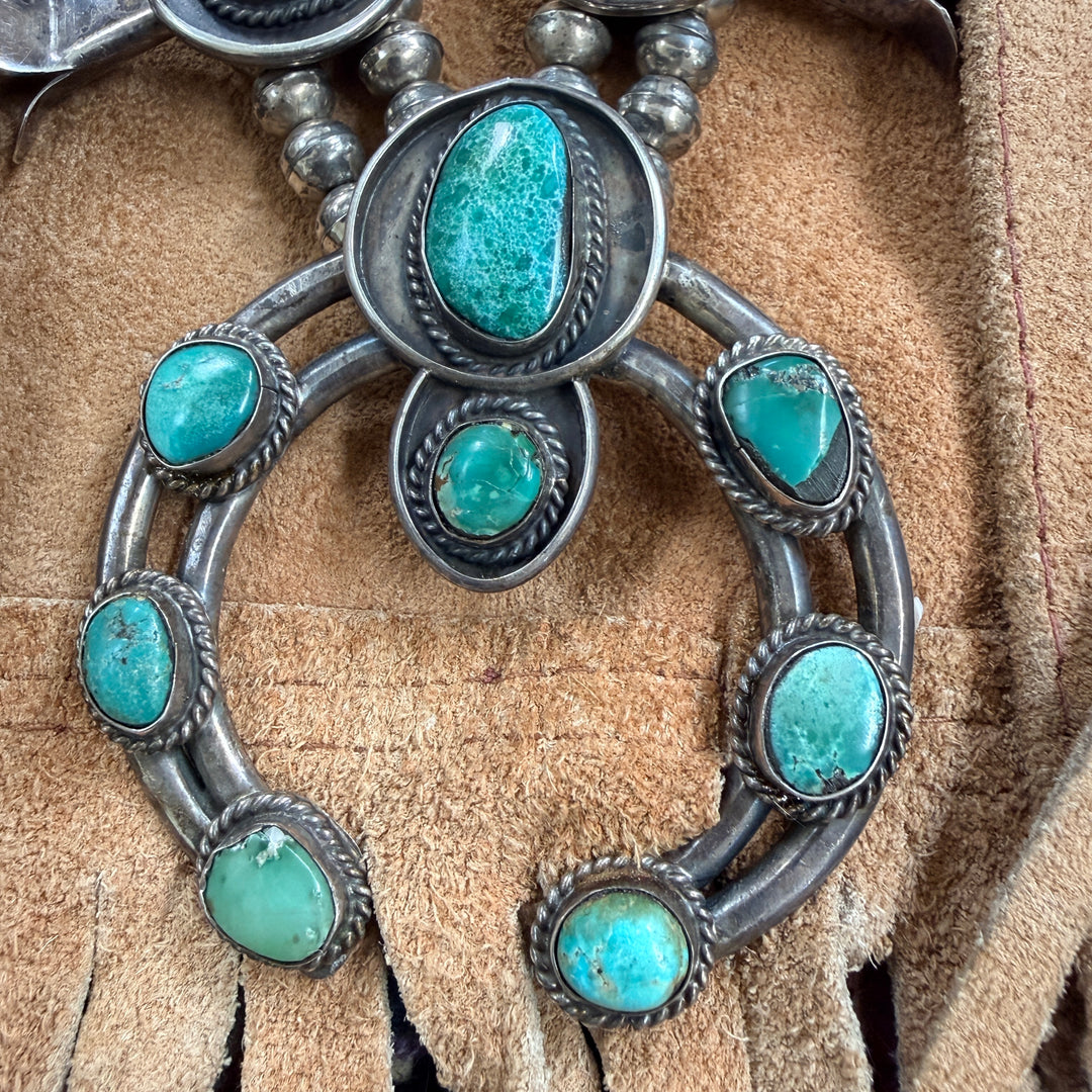 Vintage Navajo Turquoise & Sterling Silver Squash Blossom Necklace