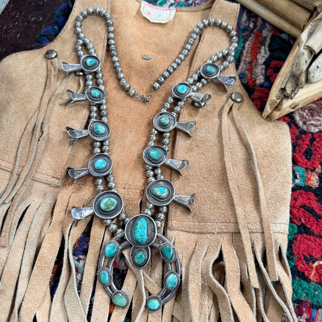 Vintage Navajo Turquoise & Sterling Silver Squash Blossom Necklace