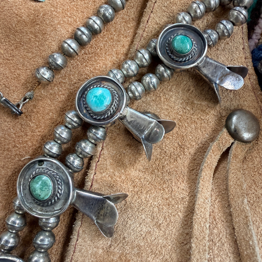 Vintage Navajo Turquoise & Sterling Silver Squash Blossom Necklace