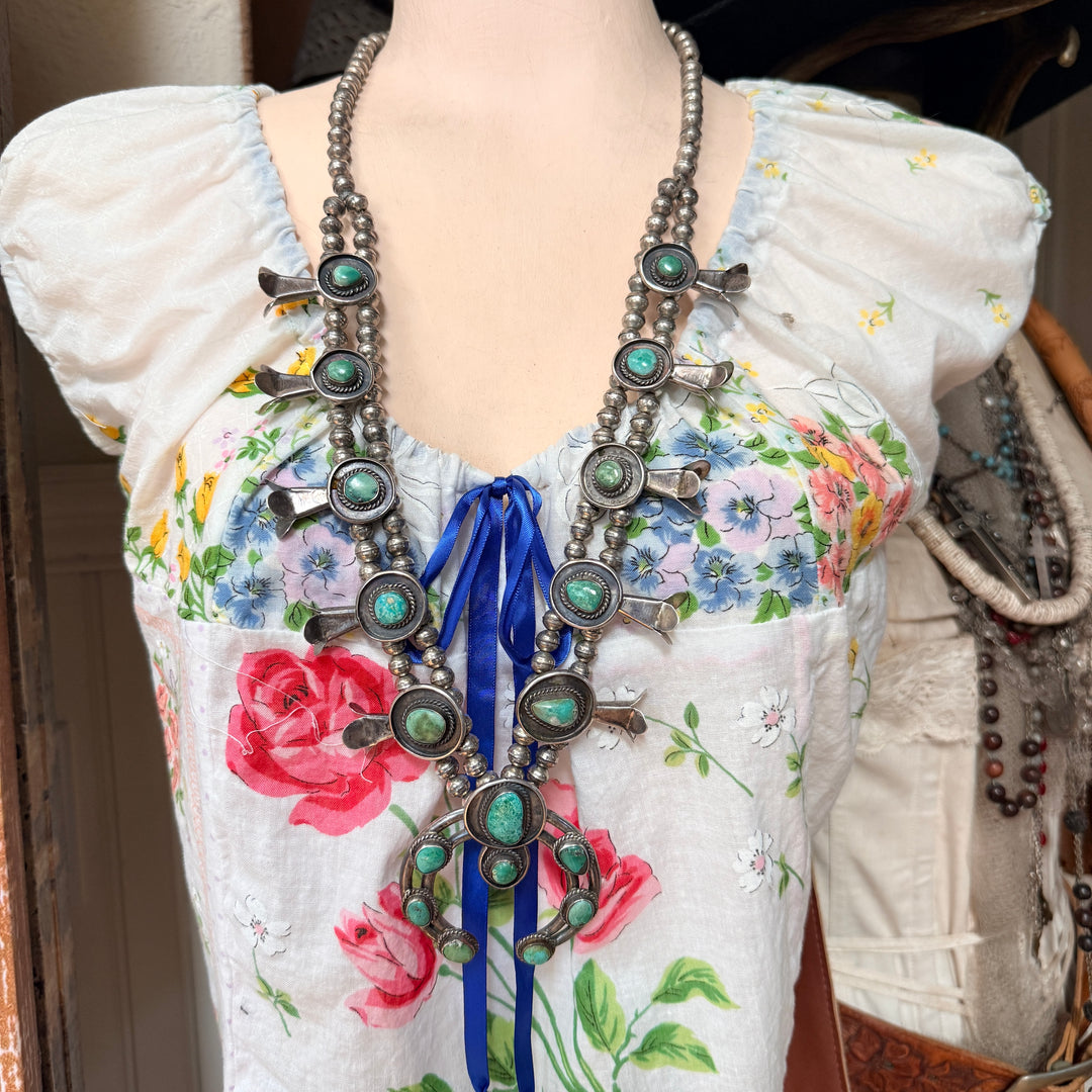 Vintage Navajo Turquoise & Sterling Silver Squash Blossom Necklace