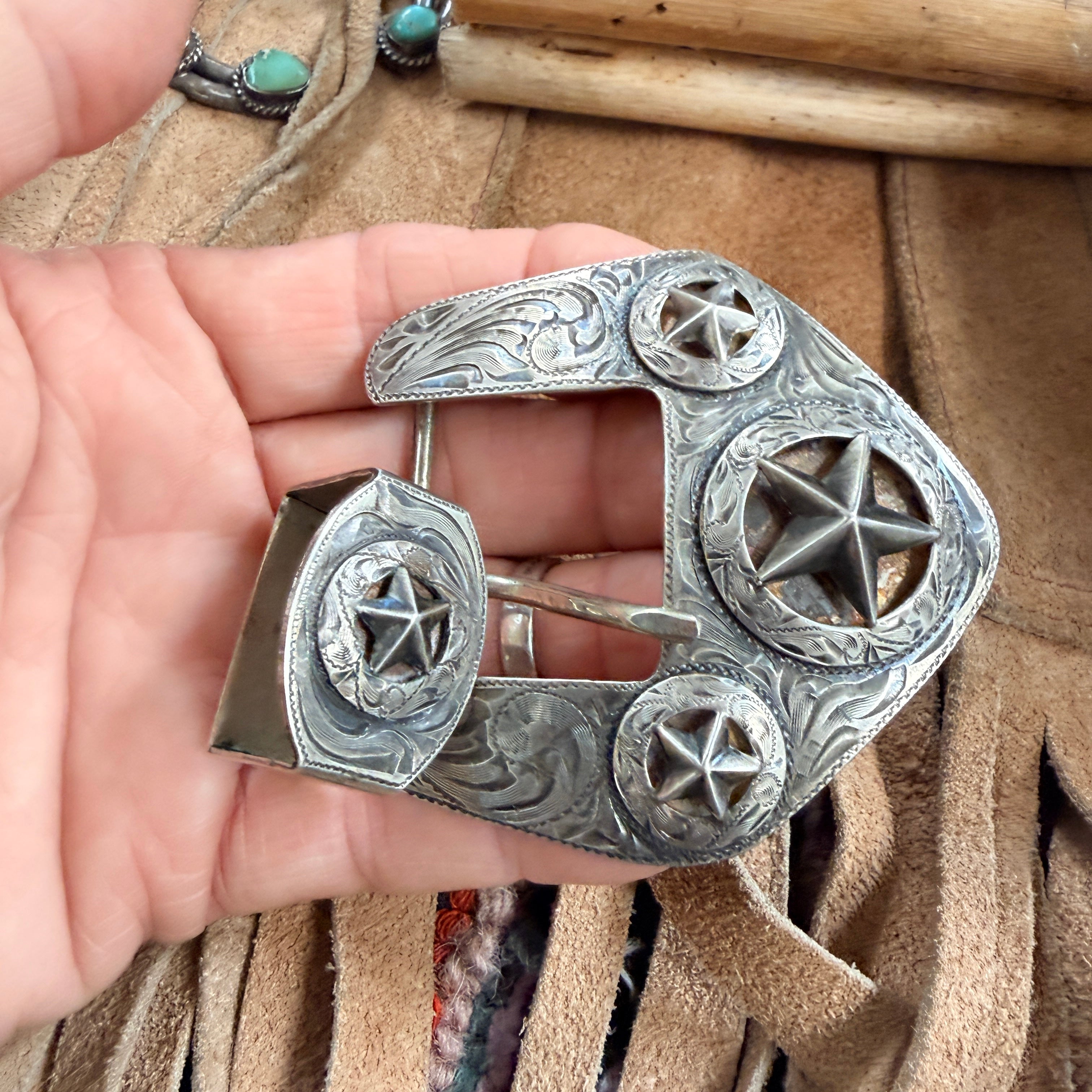 Vintage Mexican Sterling Silver Star Ranger Belt Buckle Set
